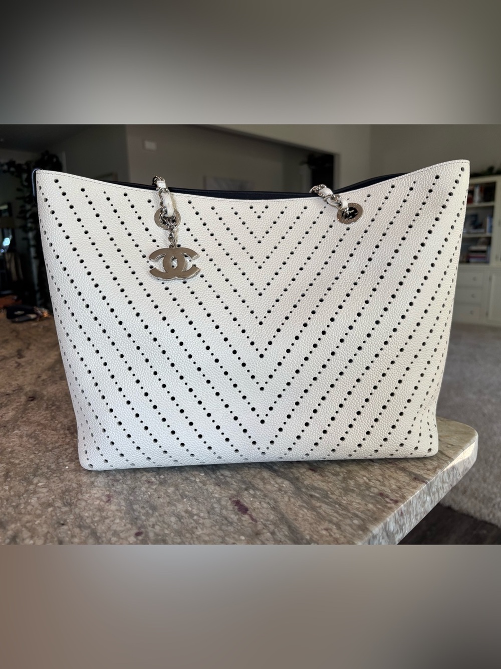 Chanel White Perforated Chevron Caviar Leather Shopping Tote Silver Hardware